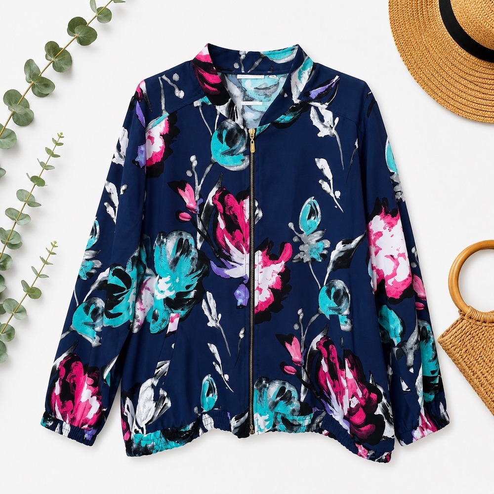 Susan Graver Navy Floral Bomber Jacket Zip Front Blue‎ Pink Teal Womens 2X